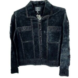 Vintage Suede Leather Jacket Black Patchwork & Crochet Ying Ying Of Nevada M